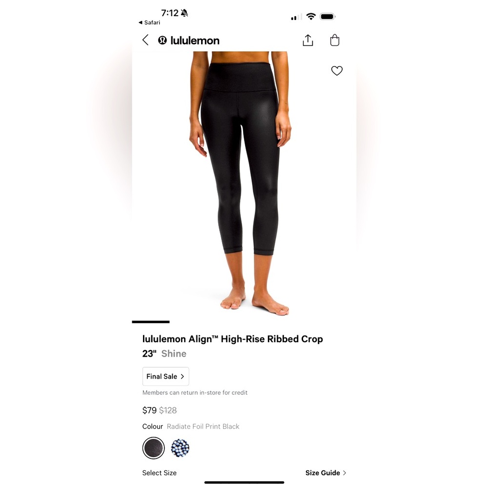 lululemon Align™ Rib HR Crop 23"*Shine 
Color: Radiate Foil Print Black
Size: 8
